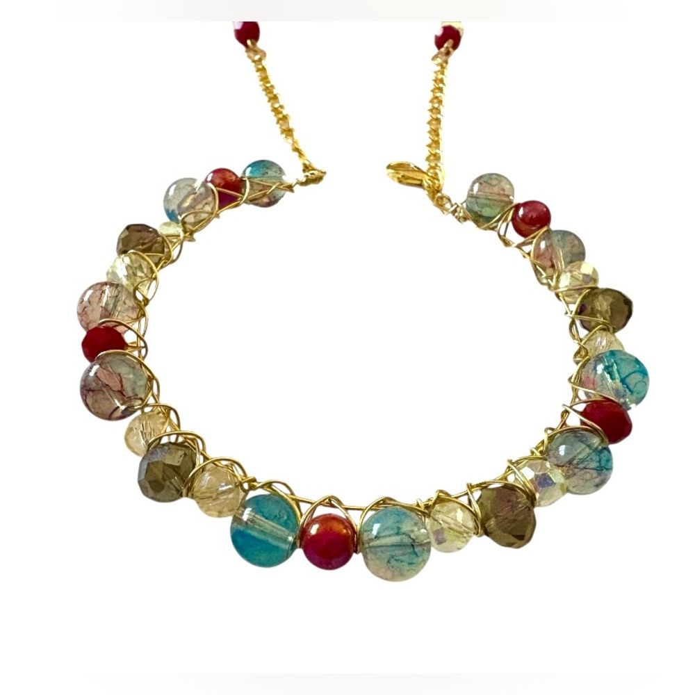 Hand Wired Stained Glass and Crystal Bracelet with Adjustable Sizing
